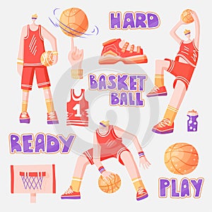 Vector flat set of basketball - basketball players, basket, ball, sneakers. Vector sport collection in modern flat style