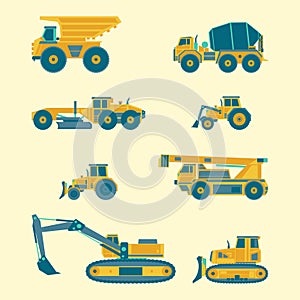 Vector flat set of construction vehicles icons. Road engineering images. Industrial machinery symbols.