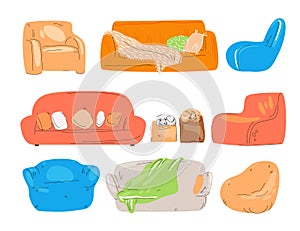 Vector flat set of cozy couch, divan, sofa, chairs, padded stool and armchairs with cat, pillows and blanket. Cozy home