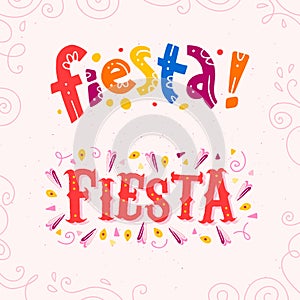 Vector flat set of fiesta lettering text isolated on white background with floral frame ornamen and hand drawn line art elements. photo