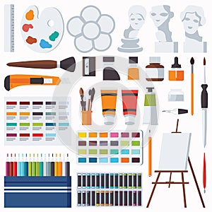 Vector flat set with fine artist stationery. Watercolor, tempera, easel, palette, color pencils, gypsum head and other accessories