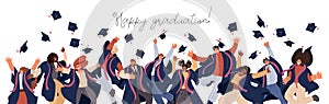 Vector flat set of Happy graduated man and woman in college and university education students in academic dresses