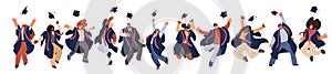 Vector flat set of Happy graduated man and woman in college and university education students in academic dresses