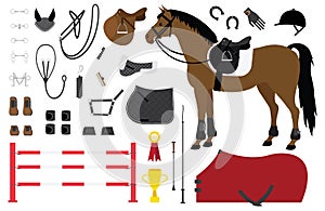 Vector flat set of horse equestrian equipment