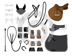 Vector flat set of horse equipment for riding