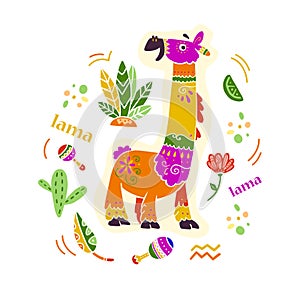 Vector flat set of mexico traditional elements, symbols & lama animal character in flat hand drawn style isolated on white backgro