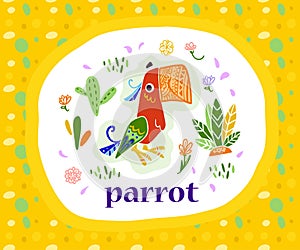 Vector flat set of mexico traditional floral symbols and parrot character in flat hand drawn style isolated on white background.