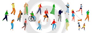 Vector flat set of walking people on white background of different ages, genders photo