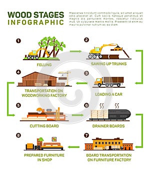 Vector flat set of wood production. Felling, Sawing up trucks, transportation to the wood factory, cutting board