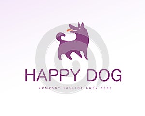 Vector flat simple logo with happy dog silhouette icon stand isolated on white background.