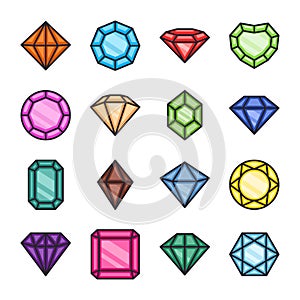 Vector Flat Simple Minimalistic Gemstone Icons Set. Diamond, Crystal, Rhinestones Closeup Isolated. Jewerly Concept