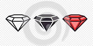 Vector Flat Simple Minimalistic Gemstone Icons Set. Diamond, Crystal, Rhinestones Closeup Isolated. Jewerly Concept