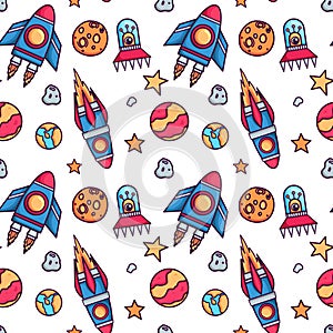 Vector flat space seamless pattern background. Cute color template with astronaut, spaceship, rocket, moon, methiorite