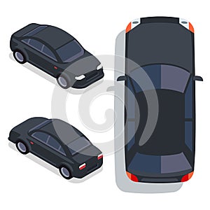 Vector flat-style cars in different views. Black sedan