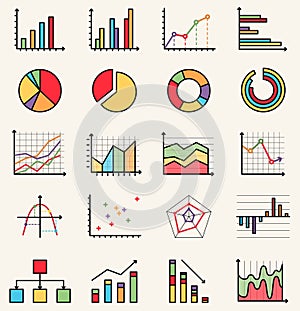 Vector flat style colorful isolated icons of graphs, schemes, schedules