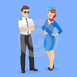 Vector flat style illustration of aircrew: pilot and stewardess.