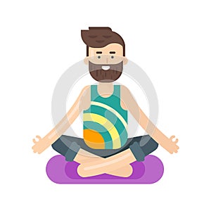 Vector flat style illustration of bearded man doing yoga.