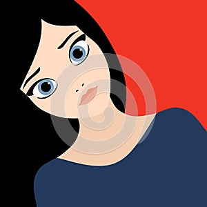 Vector flat style illustration of a beautiful fashion young woman with black hair and blue eyes