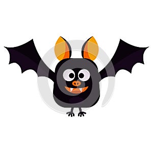 Vector flat style illustration - cartoon cute smiling and flying Happy Halloween black bat isolated on white background.