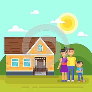 Vector flat style illustration of house with happy family.