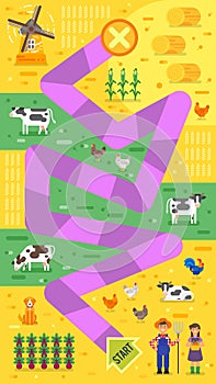 Vector flat style illustration of kids farm board game template.