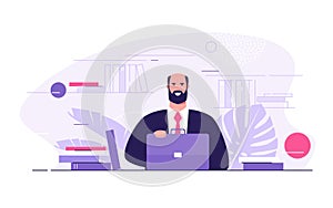 Vector flat style illustration of a lawyer, professor, businessman with the briefacse surrounded by books