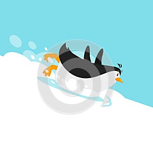 Vector flat style illustration of penguin sliding on the glacier.