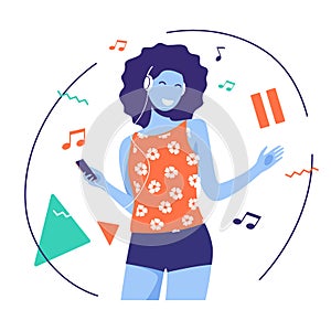 Vector flat style illustration of a pretty smiling, dancing, listening to the music young woman with headphones