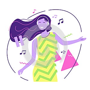 Vector flat style illustration of a pretty smiling, dancing, listening to the music young woman with headphones