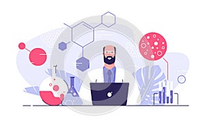 Vector flat style illustration of a scientist with laptop in a medical, research, chemical lab