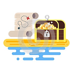 Vector flat style illustration of treasure chest and map.