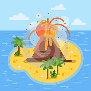 Vector flat style illustration of volcano on tropical island.