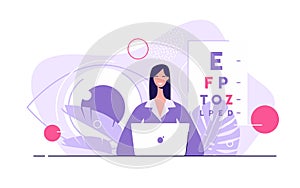 Vector flat style illustration of a young attractive female eye doctor, ophthalmologist in clinic