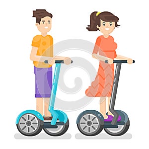 Vector flat style illustration of young man and woman riding an two-wheeled vehicle.
