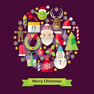 Vector Flat Style Merry Christmas Objects Concept