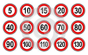 Vector flat style set of generic speed limit signs with black number and red circle photo