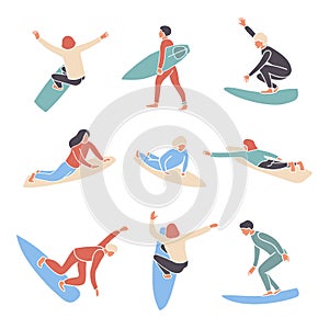 Vector flat style set of surfing boy and girl surfers abstract mosaic stylized. Minimalism design off wave riders in different
