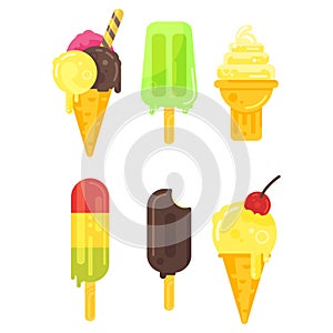 Vector flat style set of tasty colorful ice cream icon.