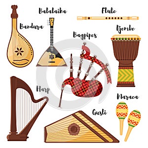 Vector flat style set of various traditional folk musical instruments.
