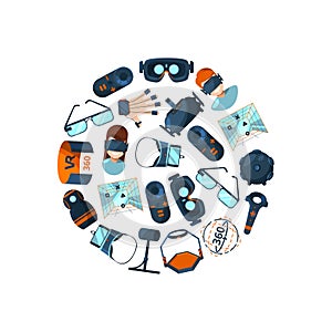 Vector flat style virtual reality elements in circle illustration photo