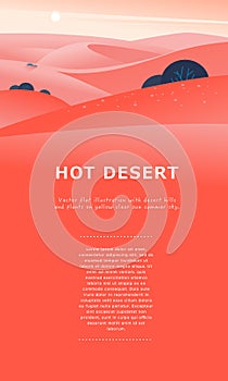 Vector flat summer landscape illustration with desert hills and dunes on clear hot sunny sky.