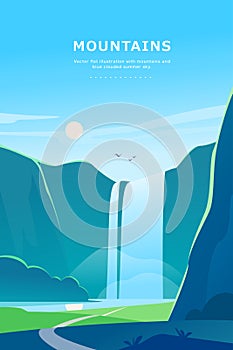 Vector flat summer landscape illustration with waterfall, river, mountains, sun, forest on blue clouded sky.