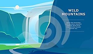 Vector flat summer landscape illustration with waterfall, river, mountains, sun, forest on blue clouded sky.