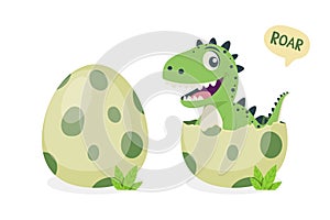 Vector Flat T-Rex Hatched From an Egg. Cartoon Smiling Happy Cute Funny Tyrannosaurus Rex Sitting in Egg. Vector
