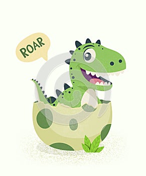 Vector Flat T-Rex Hatched From an Egg. Cartoon Smiling Happy Cute Funny Tyrannosaurus Rex Sitting in Egg. Vector