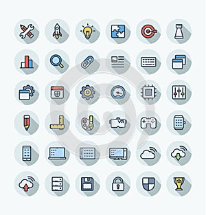 Vector flat color thin line icons set with digital development outline symbols