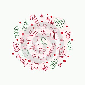 Vector flat traditional Christmas decor icons - fir tree, decoration ball, snowflake, gift box, bell, star, sweet - isolated on wh