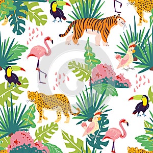 Vector flat tropical seamless pattern with hand drawn jungle plants and elements, animals, birds isolated.