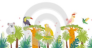 Vector flat tropical seamless pattern with hand drawn jungle trees and elements, koala, monkey animals, parrot, toucan birds isola