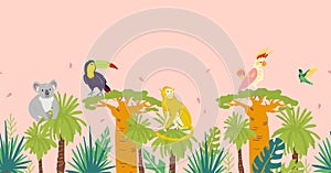 Vector flat tropical seamless pattern with hand drawn jungle trees and elements, koala, monkey animals, parrot, toucan birds isola